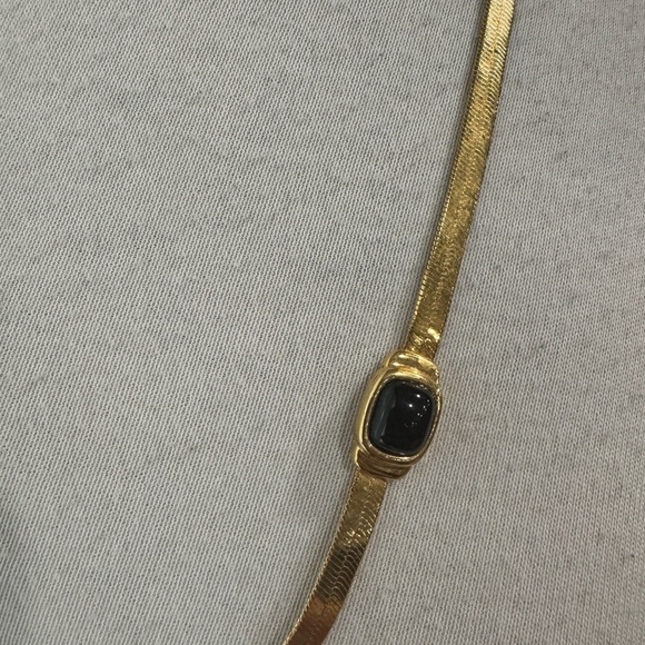 Vintage Gold Necklace w/ Black Oval Stones | 34” Long - Picture 2 of 4